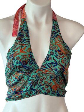 Handmade Reversible Silky Halter Wrap Top Teal Floral Red Paisley Small 2020